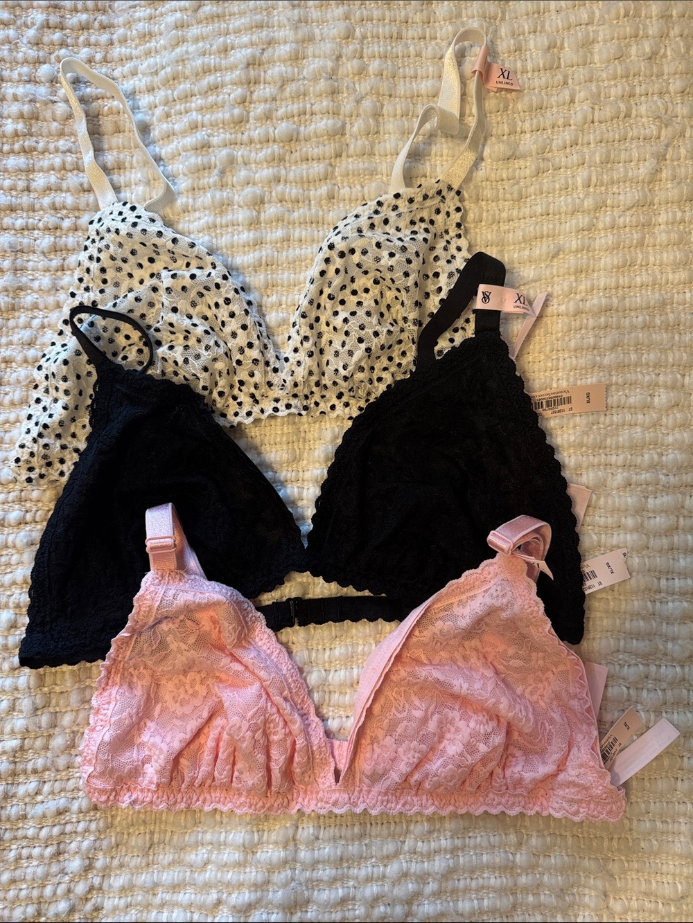 Victoria's Secret Mixed Lace & Polka Dot Bralette Trio - Pink, Black & White
